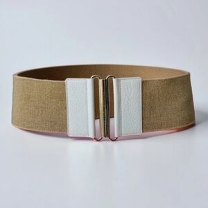 Dolce & Gabbana Wide Elastic Waist Belt Beige Canvas White Leather Bar Buckle